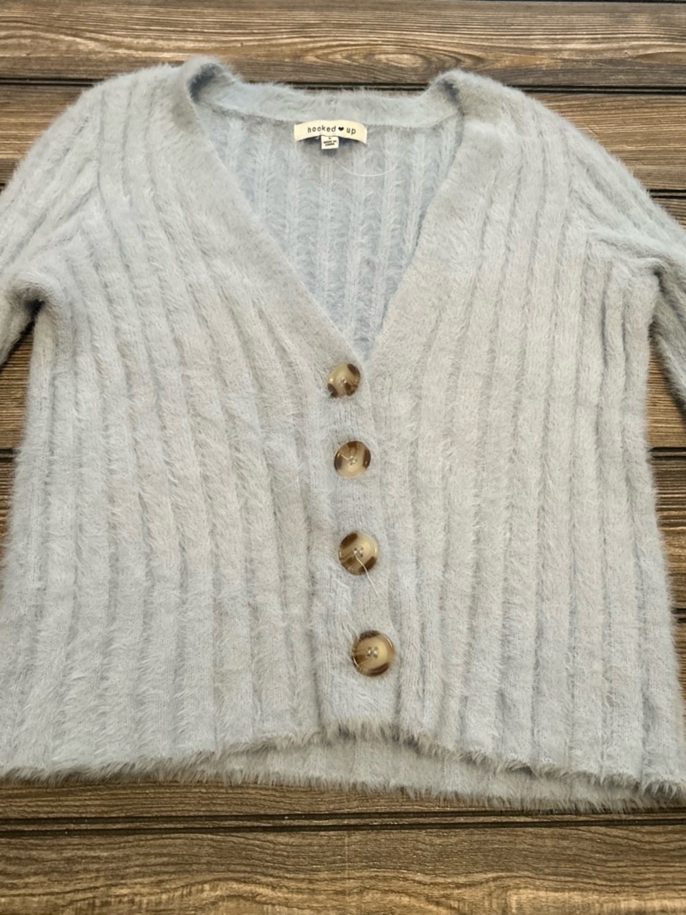 Hooked Up by IOT Light Gray Fuzzy Ribbed Button-Front Cardigan